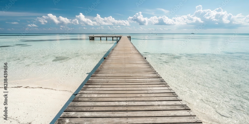Obraz premium Wooden pier extending into a tranquil, shallow ocean under a vibrant blue sky with fluffy clouds