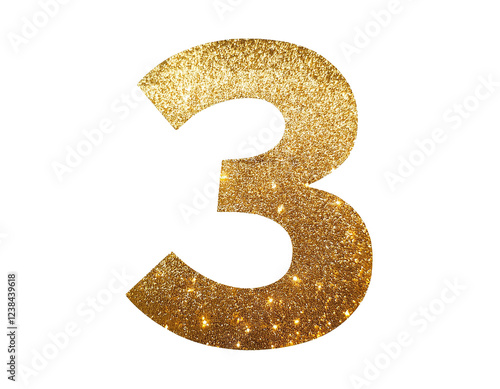 Number 3 in gold glitter isolated on a white background, cut out
