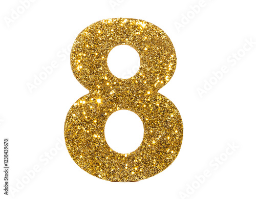 Number 8 in gold glitter isolated on a white background, cut out
