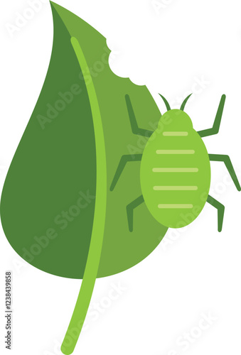Simple vector illustration of a green aphid eating a green leaf on a white background