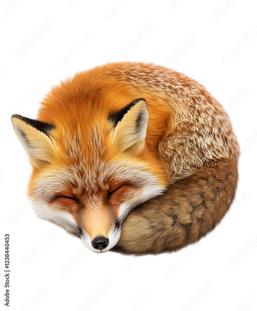 Fototapeta premium A fluffy red fox curled up, its tail wrapped around its body, resting on a white surface. Transparent background