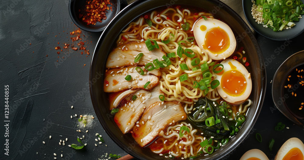 top view ramen bowl soft boiled eggs chicken green onions rice noodles spices dark background top view ramen bowl soft boiled eggs chicken green onions rice noodles spices dark background