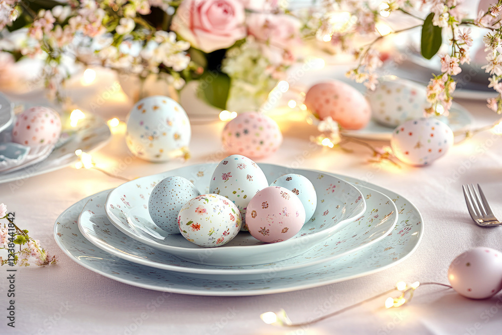 Elegant Easter table setting with floral-painted eggs and soft glowing lights Elegant Easter table setting with floral-painted eggs and soft glowing lights