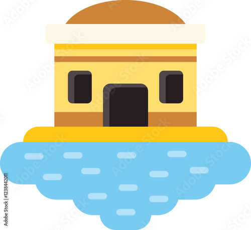 Minimalist vector illustration representing a floating house, evoking concepts of isolation, dreamlike scenarios, and unique architectural design