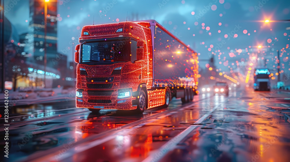 Digital truck hologram representing data-driven fleet analytics and optimization. Digital truck hologram representing data-driven fleet analytics and optimization.