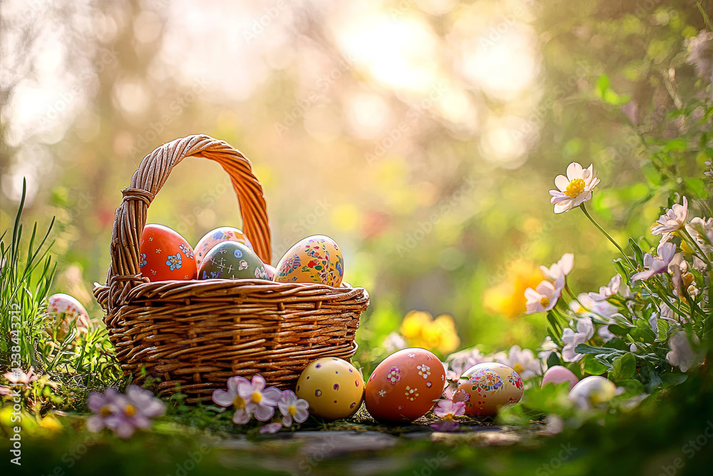Easter Egg Hunt Basket in Blooming Spring Garden with Colorful Eggs Easter Egg Hunt Basket in Blooming Spring Garden with Colorful Eggs