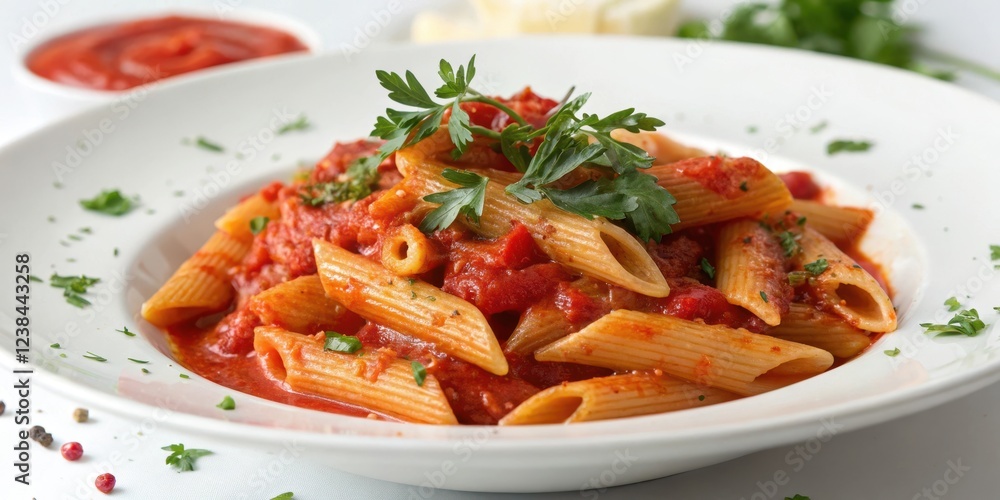 Aromatic penne pasta in rich tomato sauce, garnished with fresh parsley, served on a pristine white plate. Aromatic penne pasta in rich tomato sauce, garnished with fresh parsley, served on a pristine white plate.