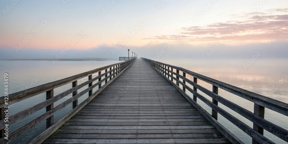 Serene Dawn A Misty Wooden Pier Extending into a Calm Body of Water at Sunrise Serene Dawn A Misty Wooden Pier Extending into a Calm Body of Water at Sunrise