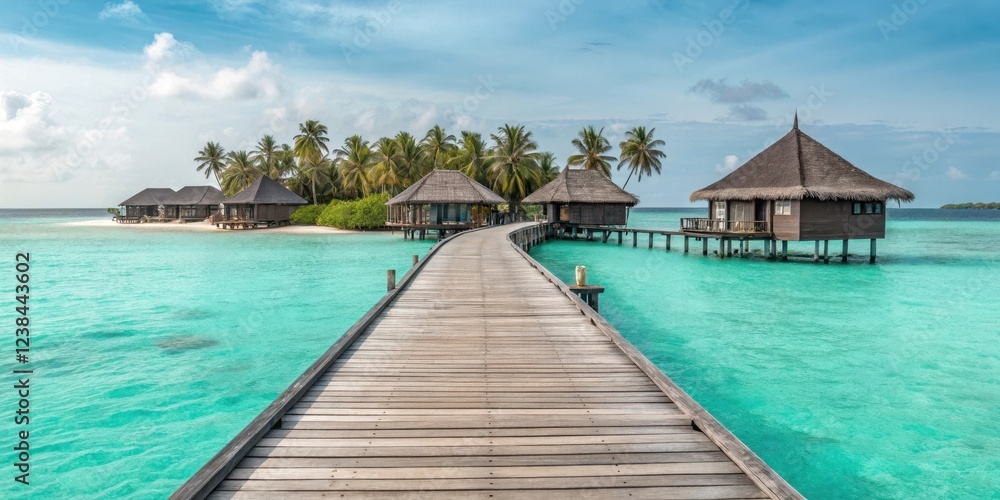 Fototapeta premium Wooden walkway leading to idyllic overwater bungalows on a tropical island with turquoise water and palm trees.