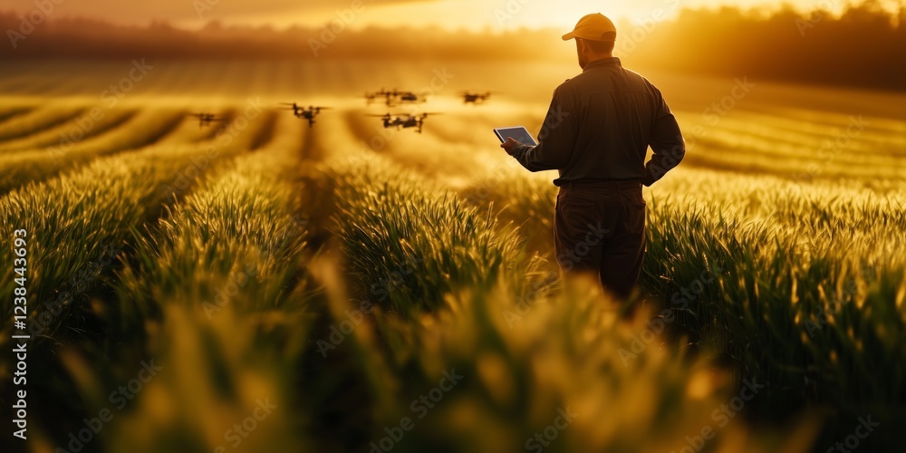 Fototapeta premium Farmer controlling agricultural drone spraying pesticides across wheat field, using digital tablet during golden sunset light, showcasing precision agricultural technology