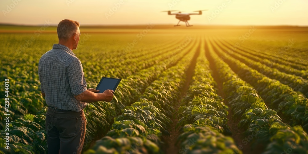 Fototapeta premium Farmer operating digital tablet, guiding drone flying over golden wheat field during sunset, representing technological innovation in precision farming