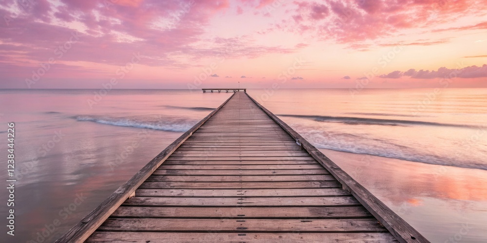 Serene Wooden Pier Extending into a Pastel Sunrise Over Calm Ocean Waters Serene Wooden Pier Extending into a Pastel Sunrise Over Calm Ocean Waters