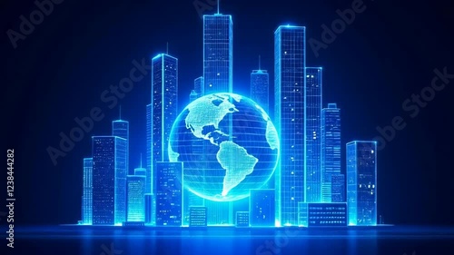 Digital earth hologram with glowing blue skyscrapers. Modern futuristic metropolis visualization with rotating globe. Business district concept for global technology