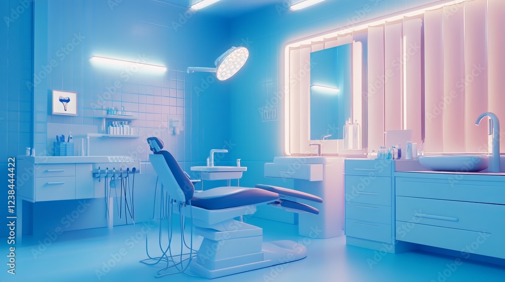 Fototapeta premium Modern dental clinic's equipment in a blue and white room. The equipment includes a dental chair and tools used by dentists. 