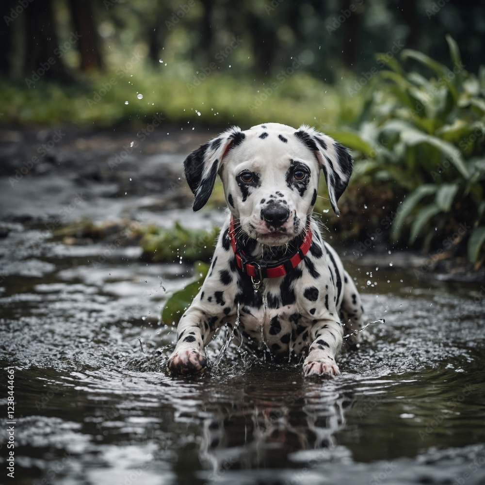 Dalmatian Puppy Playing in a Puddle. dog in the water. Dalmatian Puppy Playing in a Puddle. dog in the water.