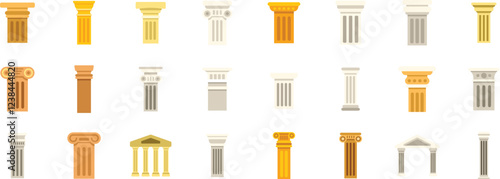 Set of various architectural columns showcasing different styles and historical periods of classical design