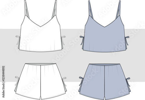Women's cropped cami and shorts set for woven bridal nightwear set vector, fashion illustration, cad, mockup. 