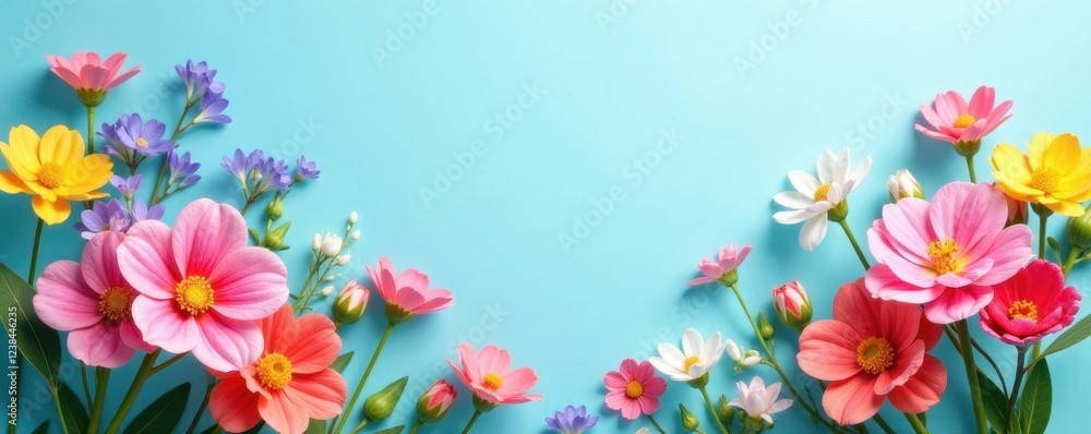 Vibrant spring flowers forming a frame against a light blue background Ideal for spring promotions , template, springtime, spring design Vibrant spring flowers forming a frame against a light blue background Ideal for spring promotions , template, springtime, spring design