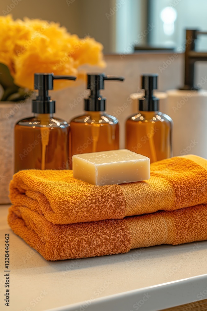 Modern bathroom countertop showcasing neatly folded orange towels, a bar of soap, and matching dispensers, creating a clean and organized space