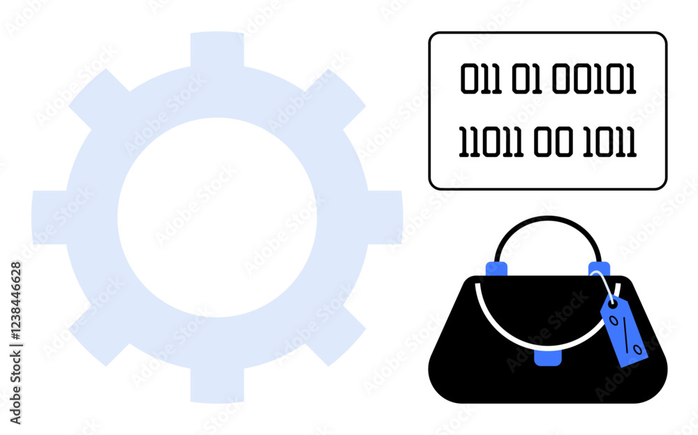 Gear cog beside binary code and handbag with tag representing digital security, e-commerce, and data integration. Ideal for cybersecurity, automation, online shopping, data security, e-commerce Gear cog beside binary code and handbag with tag representing digital security, e-commerce, and data integration. Ideal for cybersecurity, automation, online shopping, data security, e-commerce