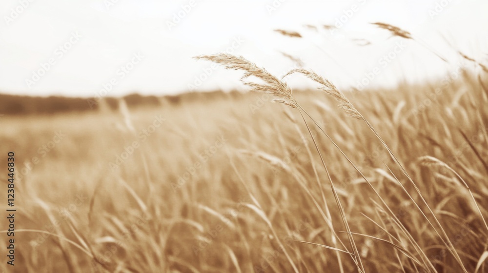 Fototapeta premium Golden field grasses swaying gently, calm background, nature scene, peaceful