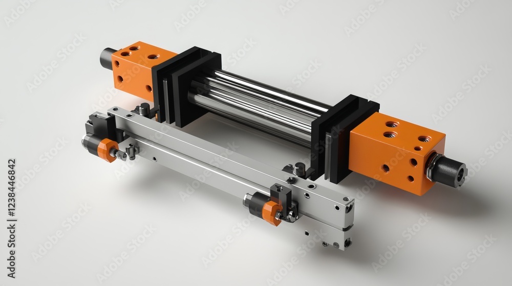 Fototapeta premium Pneumatic robotic piston sucker unit integrated into industrial machinery, utilizing compressed air for automated factory production. 