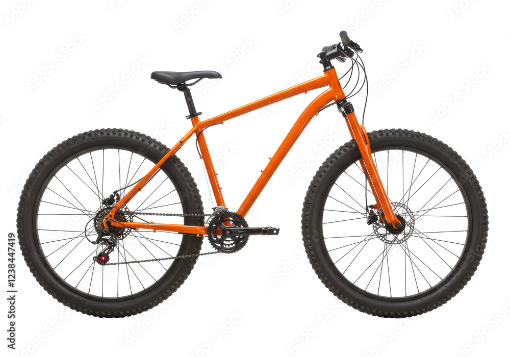 Obraz premium A bright orange mountain bike with thick tires and a lightweight frame, isolated on a white background