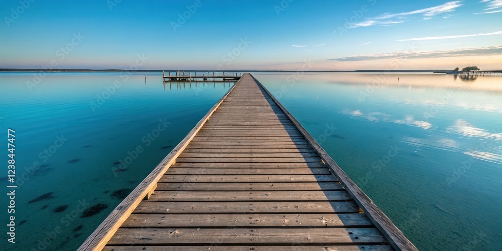 Fototapeta premium Serene Wooden Dock Extending into Calm, Teal Waters at Sunrise