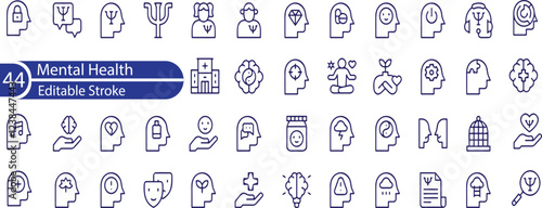 Mental Health Line Editable Icons set. Vector illustration in modern thin line style of psychology related icons. mental disorders, therapy, human emotions, and more.