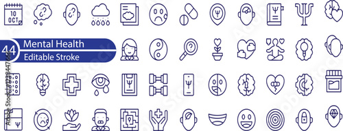 Mental Health Line Editable Icons set. Vector illustration in modern thin line style of psychology related icons. mental disorders, therapy, human emotions, and more.