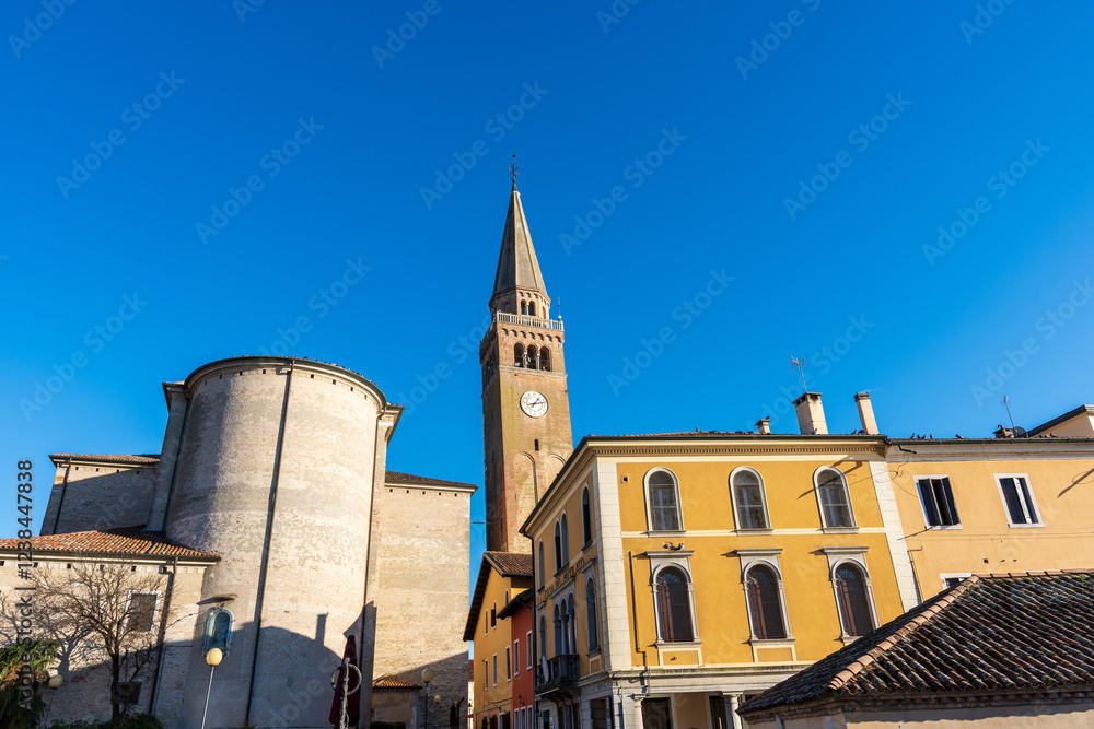 view of the bell tower in the historic center of Portogruaro, Veneto, Italy view of the bell tower in the historic center of Portogruaro, Veneto, Italy