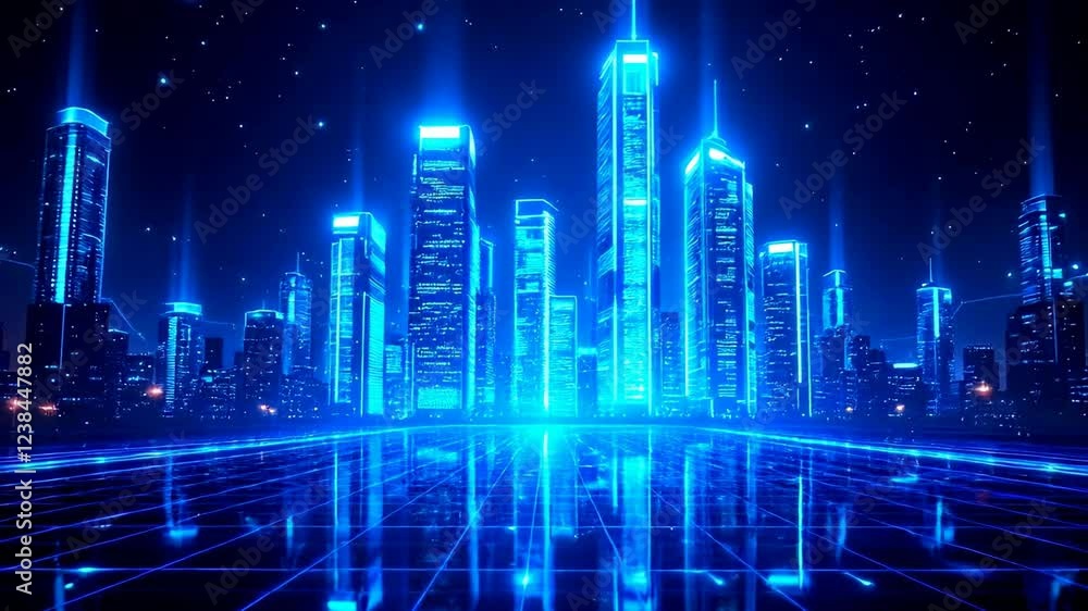 Digital neon blue cityscape with glowing skyscrapers reflecting on water surface. Futuristic urban landscape with high-rise buildings in cyberpunk style. Night metropolis panorama Digital neon blue cityscape with glowing skyscrapers reflecting on water surface. Futuristic urban landscape with high-rise buildings in cyberpunk style. Night metropolis panorama