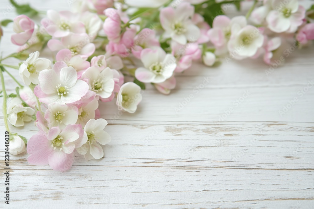 A close-up of delicate pink and white flowers arranged on a wooden surface. A close-up of delicate pink and white flowers arranged on a wooden surface.