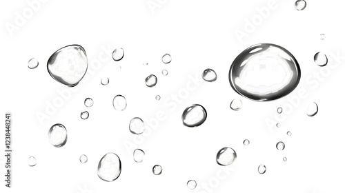 Flowing crystalline water droplets cascading and rippling over a smooth reflective surface in a tranquil minimalist visual composition  The droplets refract and shimmer creating an abstract