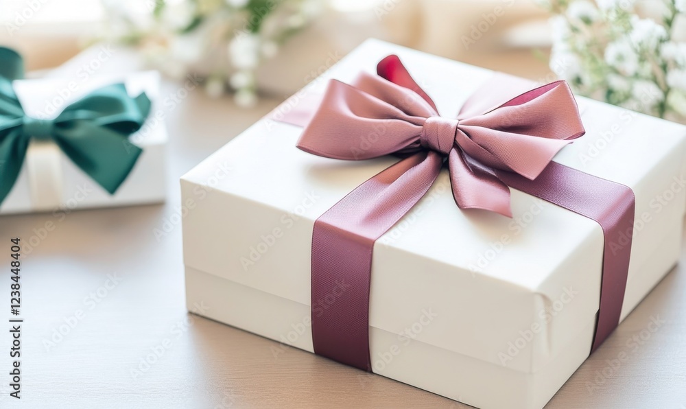 Elegant Gift Box with Bow on Wooden Table Surrounded by Flowers Elegant Gift Box with Bow on Wooden Table Surrounded by Flowers