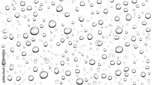 Macro view of detailed water droplets or dew on a smooth transparent surface with a minimalist and abstract white background  Natural liquid crystal texture and reflections
