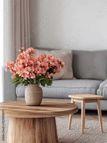 Flowers in wooden table in front of grey settee in modern simple apartment interior with stool. Real photo