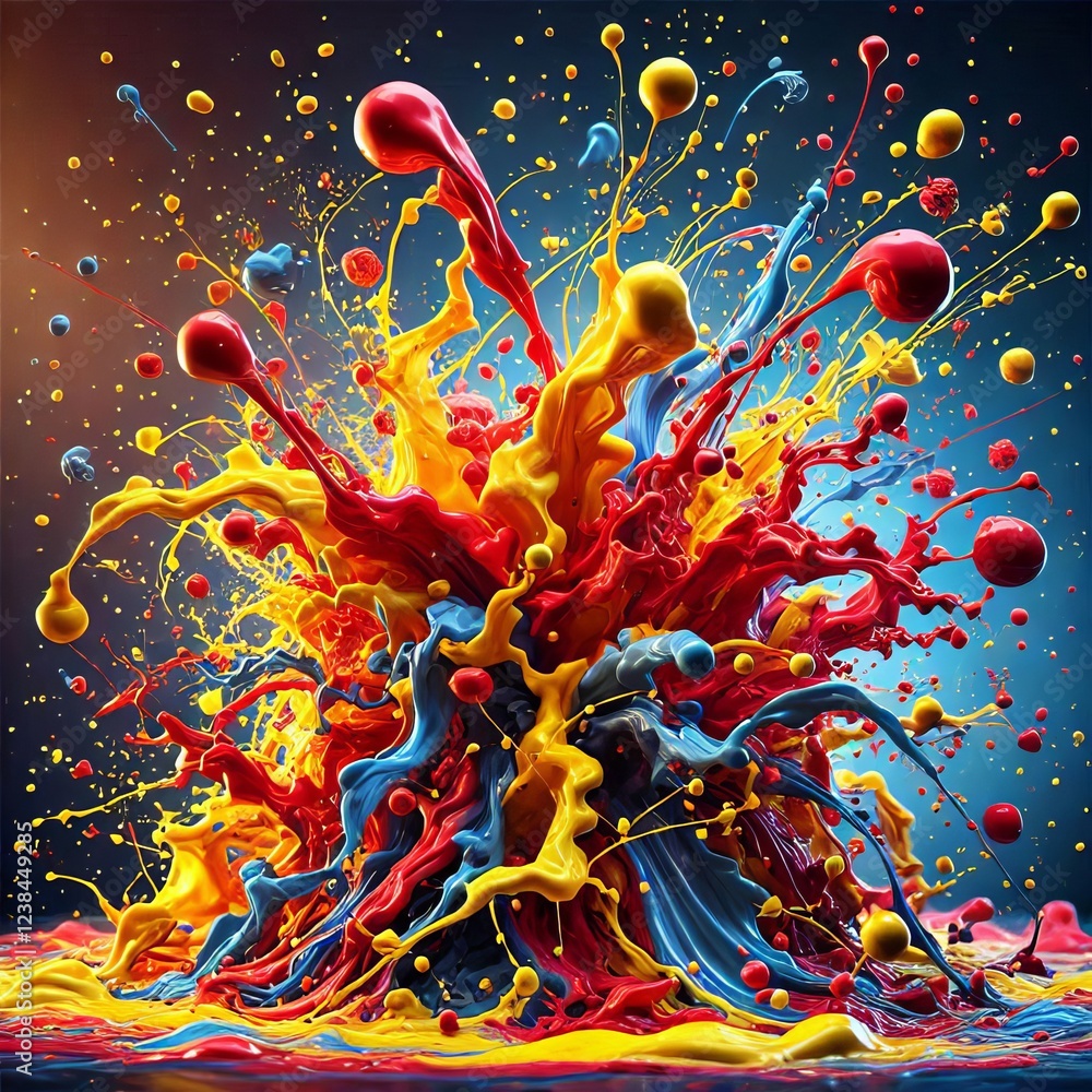 Obraz premium Close-up view of a vibrant splash of colored liquids, primarily red, yellow, and blue, creating a dynamic and chaotic pattern. 