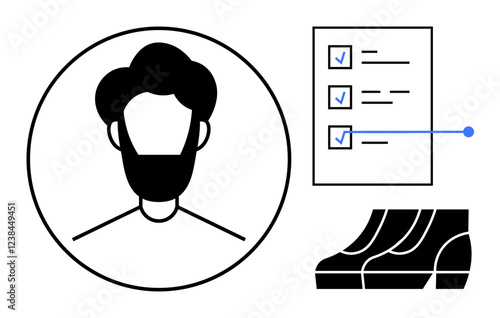 Profile avatar adjacent to a completed tasks checklist with checkmarks, escalator icon. Ideal for productivity, efficiency, project management, personal organization, career development, goal