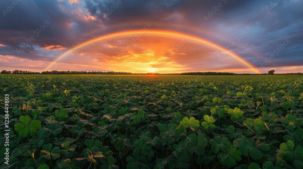 Obraz premium Rainbow Arcing Over Sunset Field Of Clover