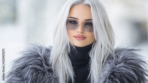 Blonde woman, fur coat, winter city, confident pose, fashion model
