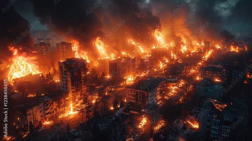 Fototapeta premium Urban buildings engulfed in flames, symbolizing devastation and chaos.