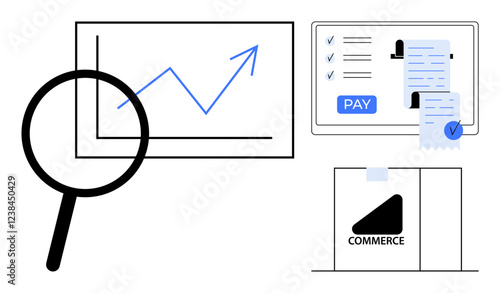 Magnifying glass examining upward trend graph, online payment checkout with receipts, and e-commerce package. Ideal for business analysis, financial growth, digital transactions, e-commerce, market