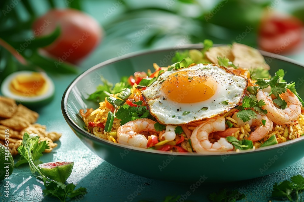 Shrimp fried rice, sunny-side egg, garnish. Table setting. Food photography Shrimp fried rice, sunny-side egg, garnish. Table setting. Food photography