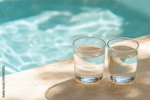 Refreshing glasses of water beside a serene pool on a sunny day in a tropical setting