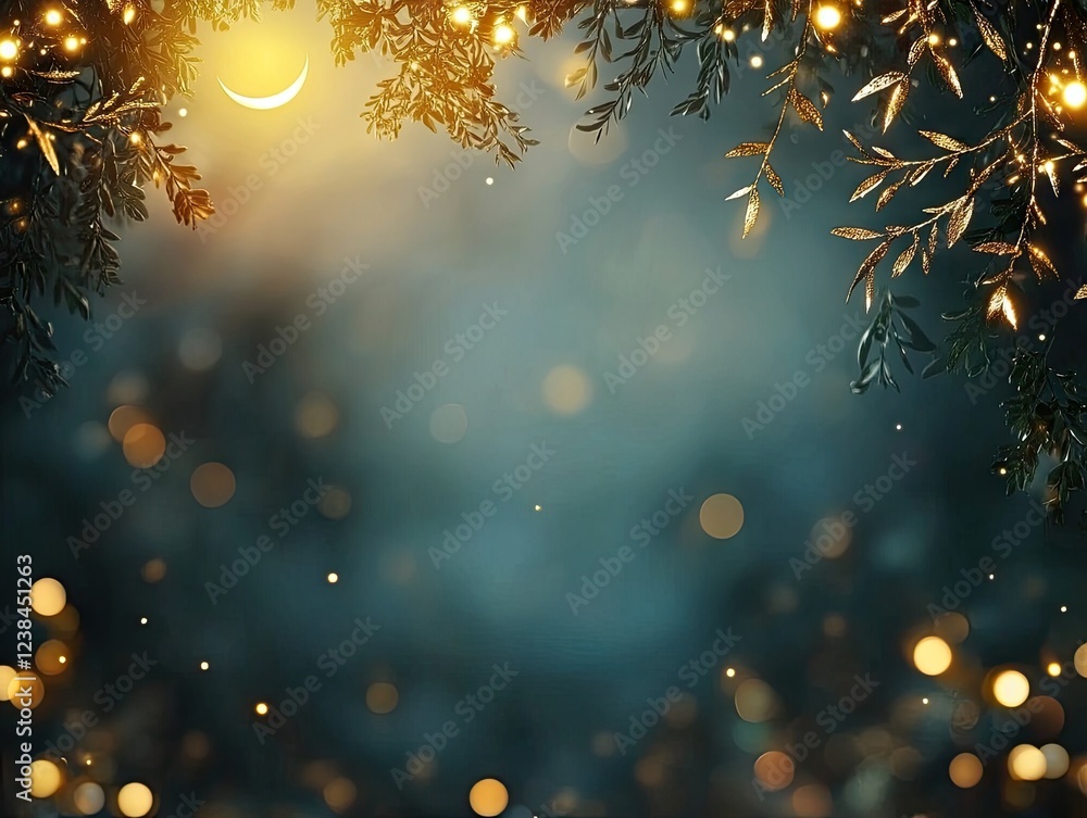 Enchanted Night: Glimmering Lights and Crescent Moon Adorn Festive Branches. Enchanted Night: Glimmering Lights and Crescent Moon Adorn Festive Branches.