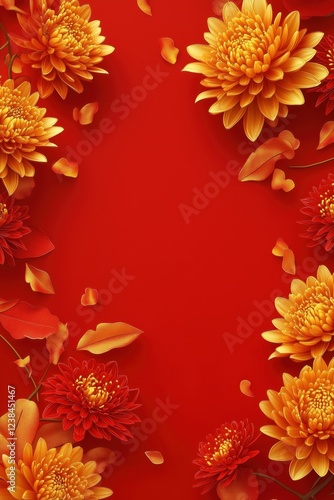 Chinese style red background with golden flowers festival celebration background