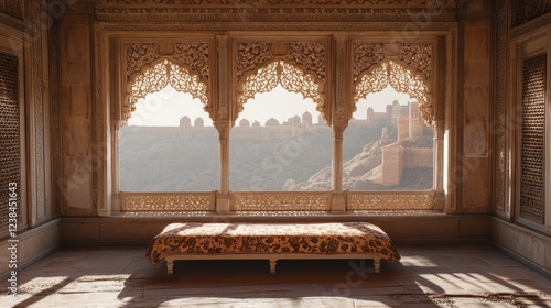 Ornate Palace Room Overlooking Majestic Fortress photo