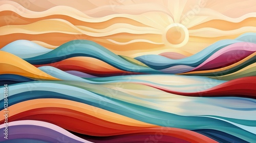 Abstract Colorful Wavy Landscape Sun Rising
