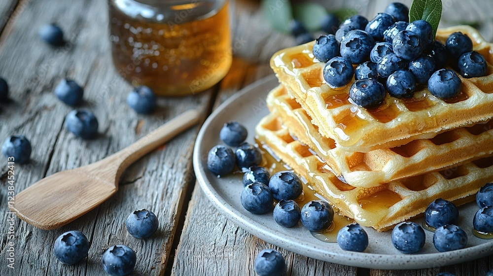 A platter of waffles topped with blueberries, alongside a jar of honey and a spoon A platter of waffles topped with blueberries, alongside a jar of honey and a spoon